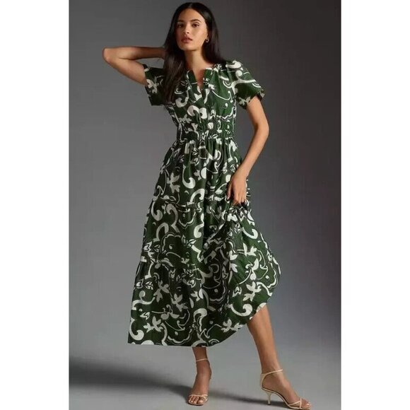 NWT Anthropologie Maeve Somerset Maxi in Green Print Tiered Cotton Dress MP